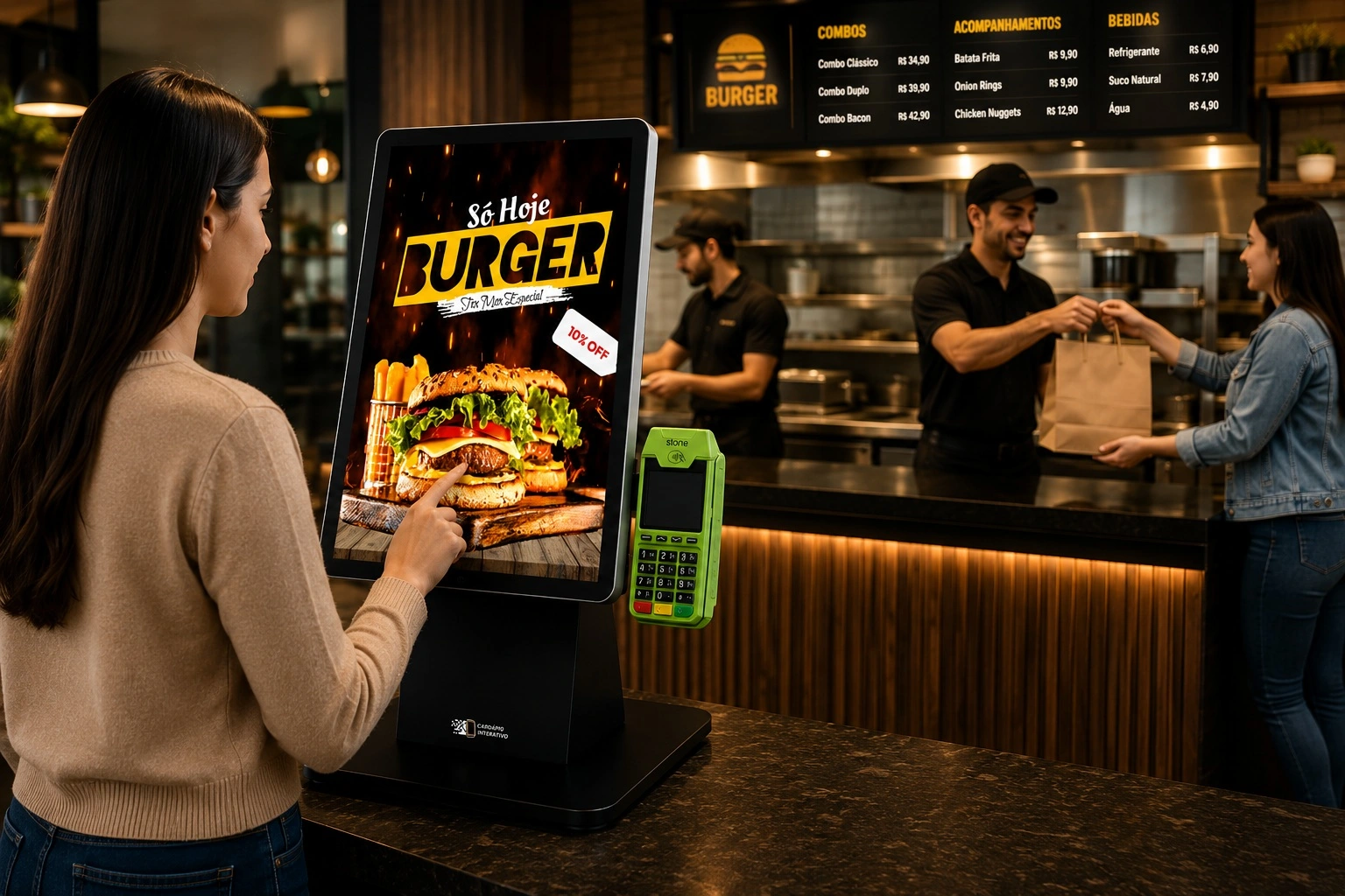 Cliente realizando um pedido em um totem de autoatendimento no restaurante