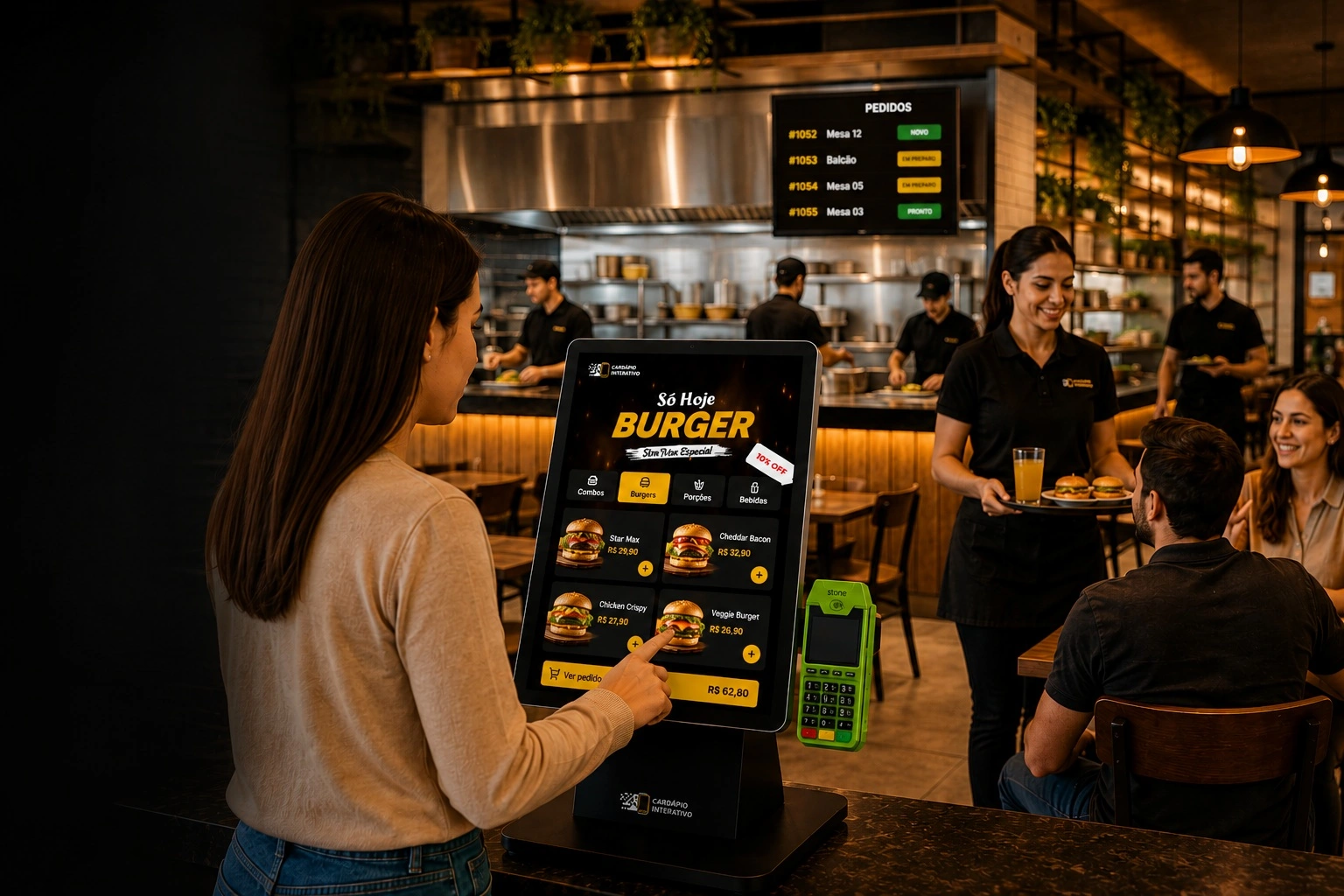 Equipe de restaurante trabalhando enquanto cliente utiliza o totem